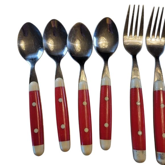 Retro Vintage Cambridge Flatware Set Red White Dot Handles Stainless Steel 12 Pc - Picture 2 of 13